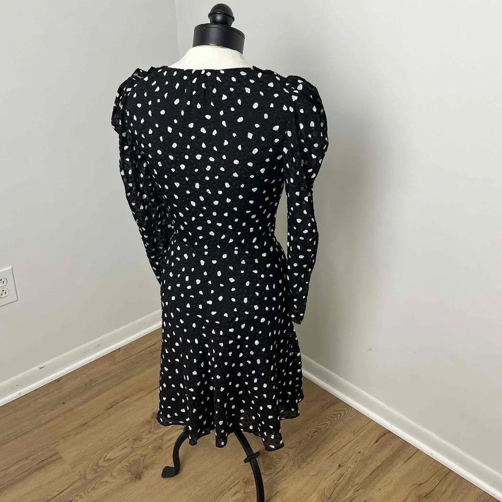 Rebecca Taylor Black Polka Dot Long‎ Sleeve V Neck Silk Faux Wrap Dress Size 4